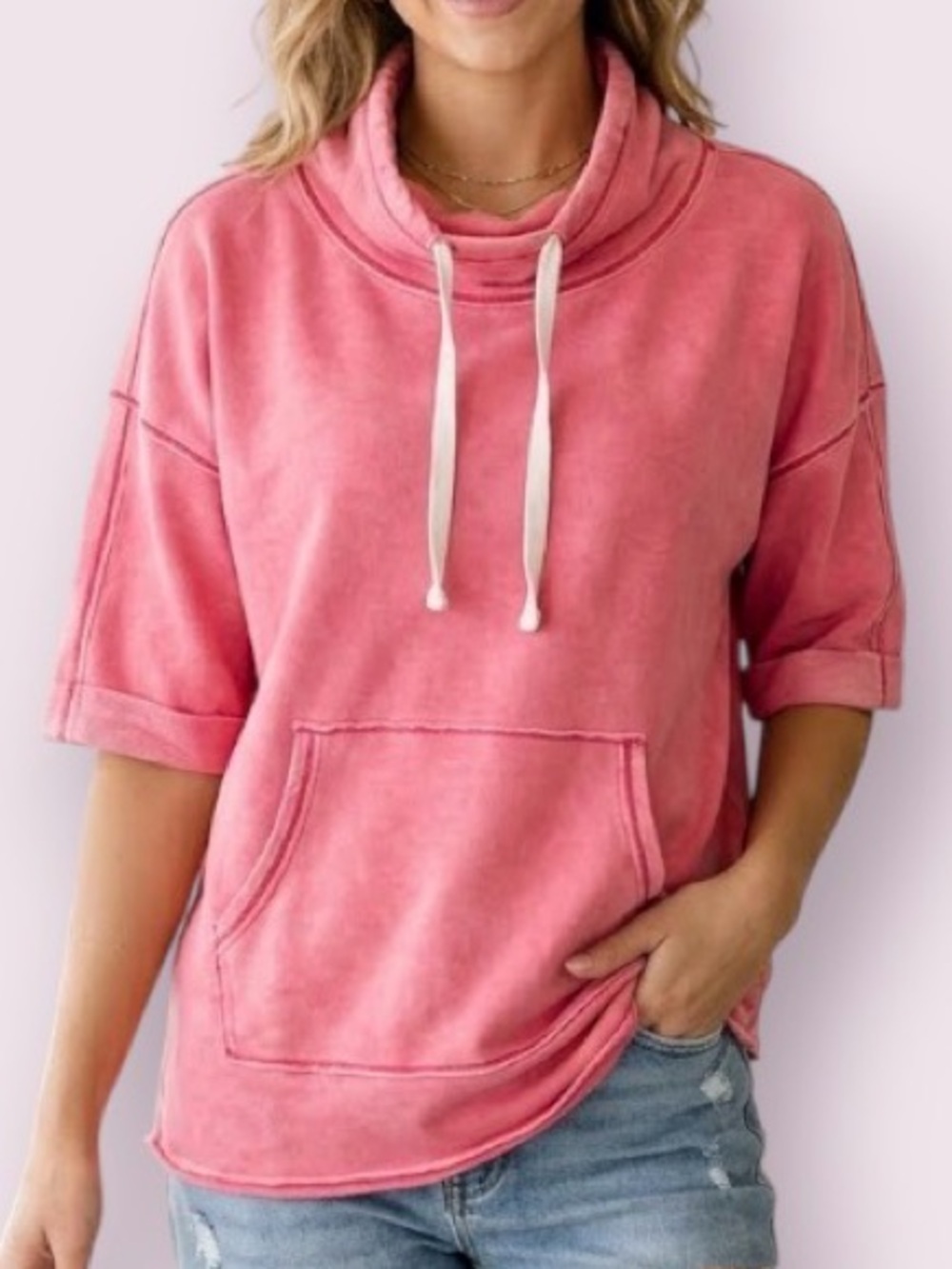Sundance Short Sleeve Cowl Neck Sweatshirt Hot Neon Pink Size XS